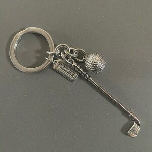 COACH Nickel Silver Golf Club / Golf Ball Keychain Key Ring FOB Silver NEW